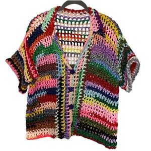 HANDMADE Crochet Button Down Shirt Womens Plus Size 2XL Multicolor Pride Beach